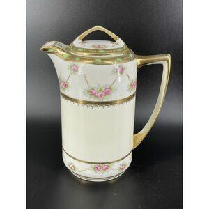 Antique Hand Painted Nippon Chocolate/Coffee Pot Roses Gold Gilt Green